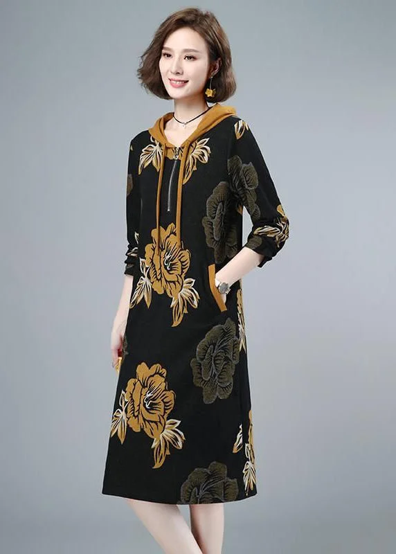 Stylish Statements 2024 Fashion Floral Cinched Velour Hooded Dress Fall