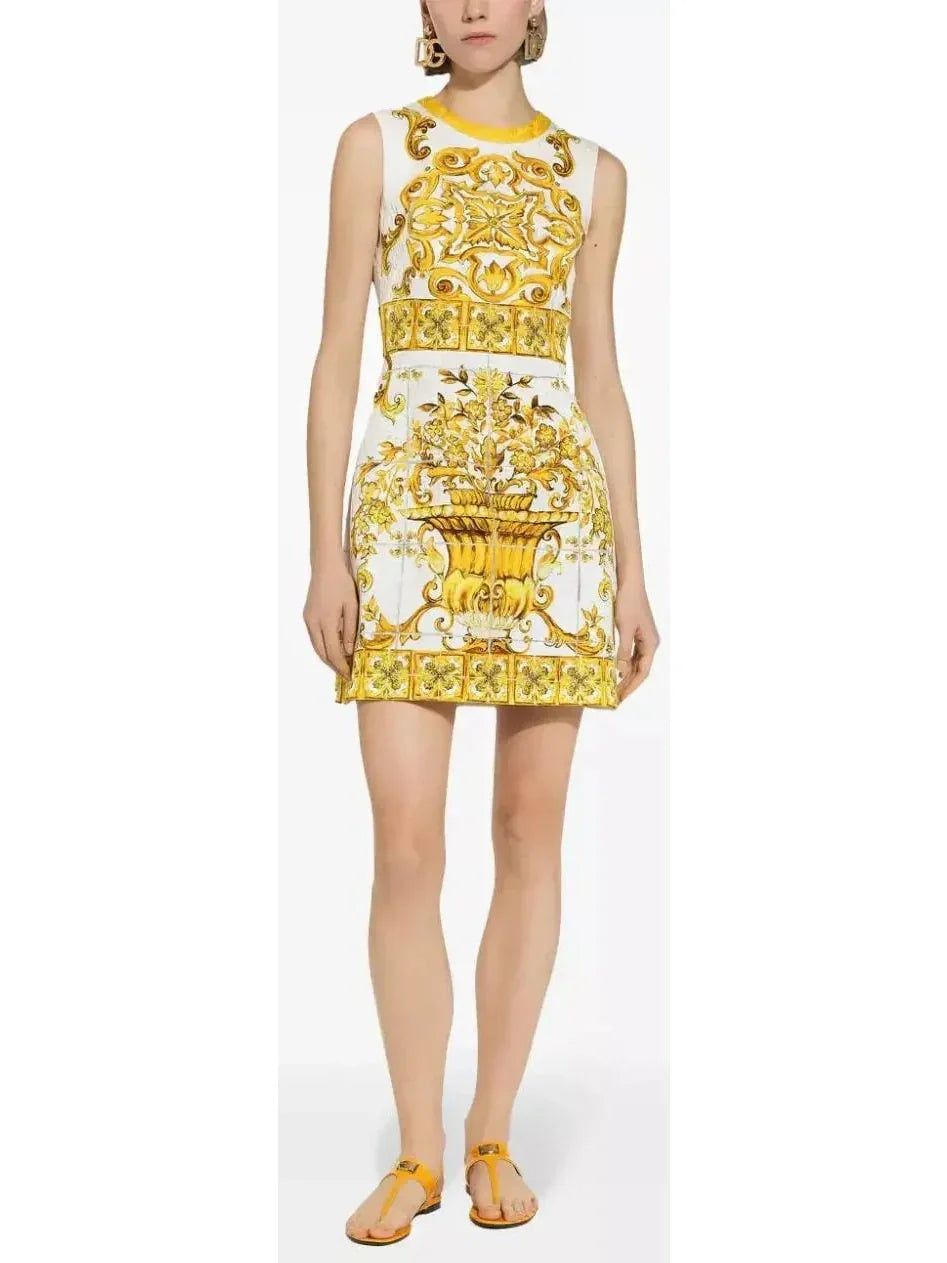 Sale On Sale Majolica Printed Jacquard Mini Dress in Yellow and White