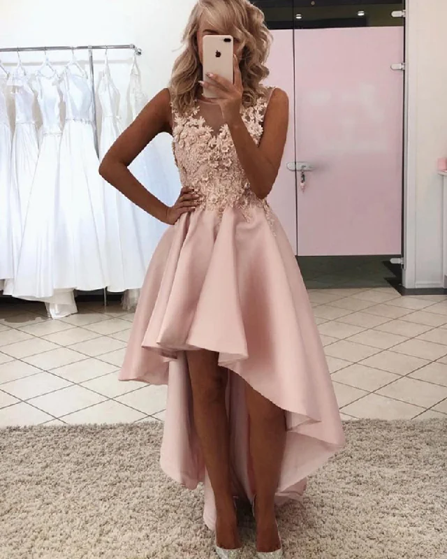 Sale Clothes Online Scoop Neck Pink Prom Dress Hi lo Girls Graduation Homecoming Party Dress  with Lae appliques PL012021