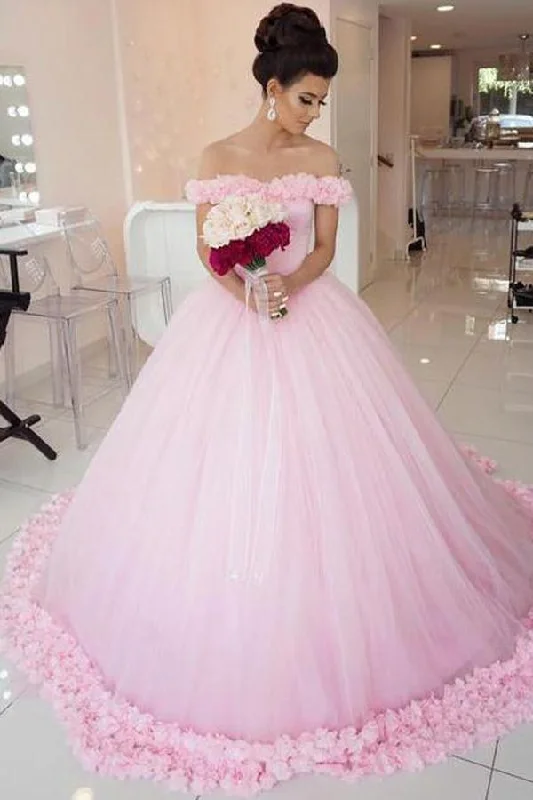 Exclusive Discounts Roycebridal Gorgeous Pink Tulle Off shoulder Ball Gown Wedding Dresses, Quinceanera Dresses, MW205