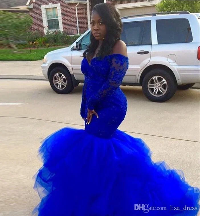 Versatile Women’s Clothing for All Occasions Layered Tulle Royal Blue Mermaid Prom Dress with Sleeves Party Gowns for Black Girls