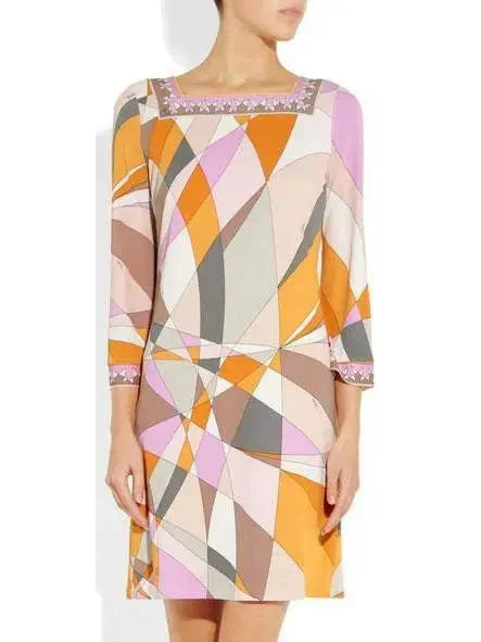 Trendy Women’s Dresses Online Geometric Print Square-Neck Jersey Silk Mini Dress-Multi Color