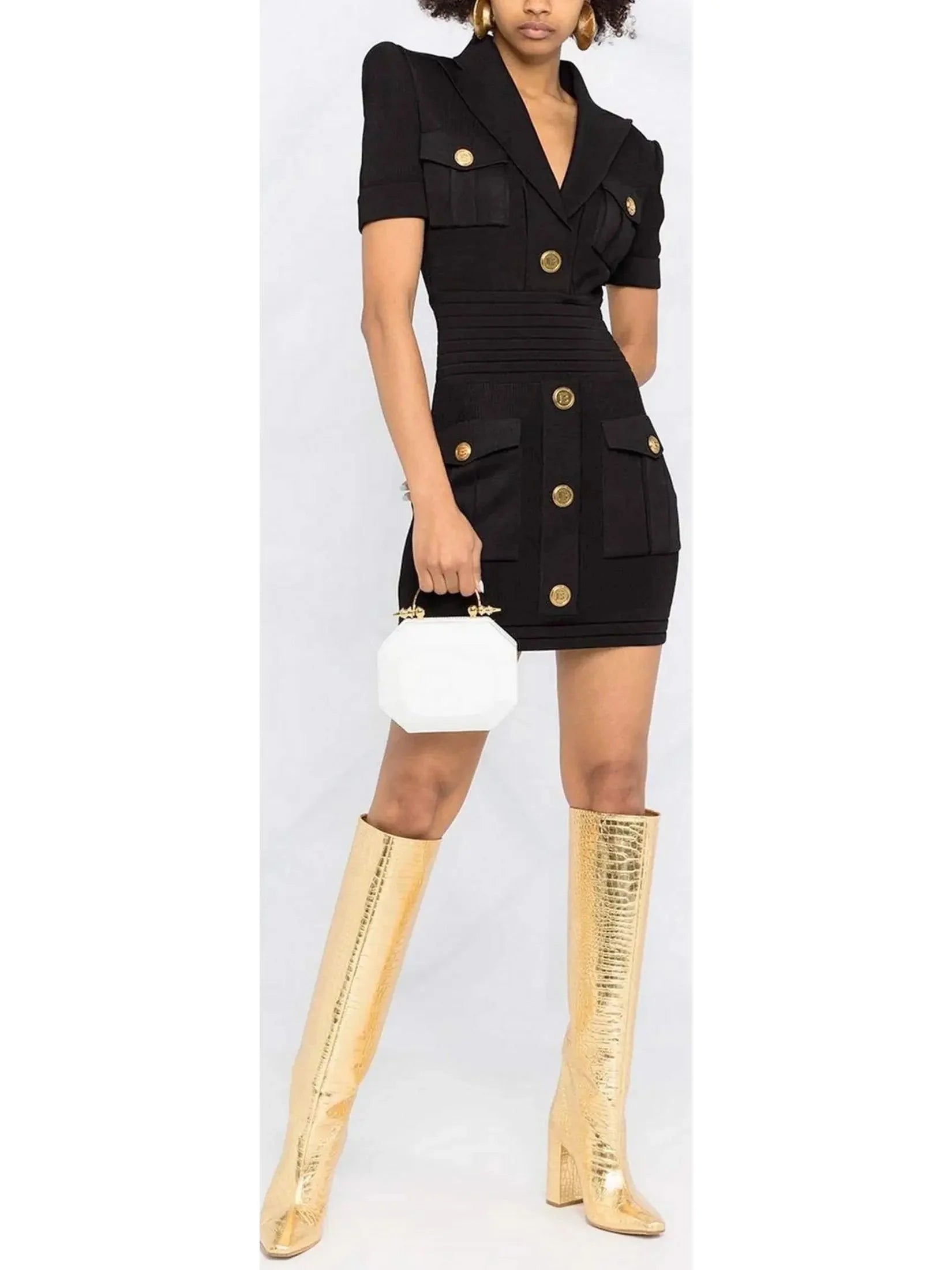 Women’s Fashion Essentials Military Pocket Mini Dress with Gold-Tone Buttons, Black