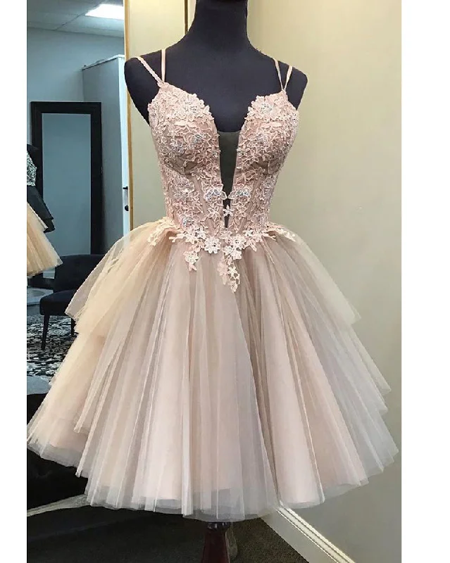 Trendy Boutiques Online Siaoryne Champagne Tulle Lace Short Prom Homecoming Dress for Young Girls SP320