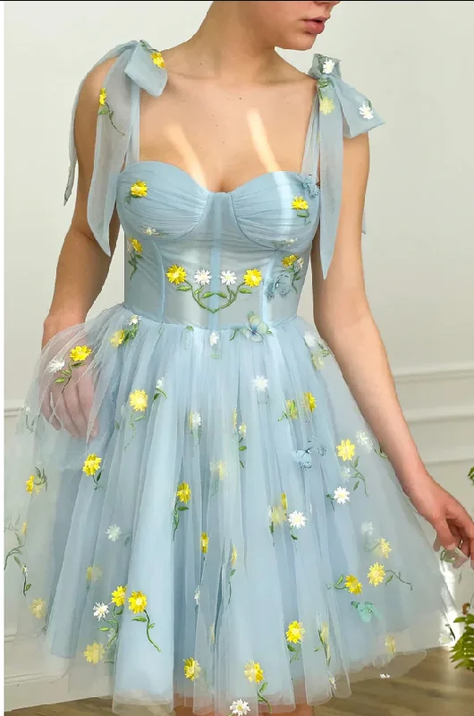 Women's Clothing Online Sale Light Blue Sexy Short Prom Dresses with Yellow Flowers Knee Length Homecoming Party Gown for Girls