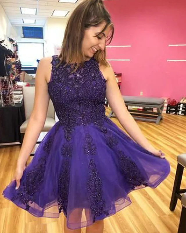 Clothing Online Purple Baot Neck Beading Short Prom Dress Girls Homecoming Dress 2022 SP22810