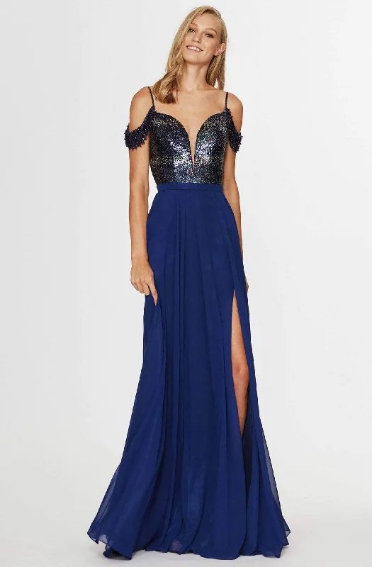 Your Timeless Wardrobe Awaits Angela & Alison - 91055 Plunging Cold Shoulder A-Line Gown