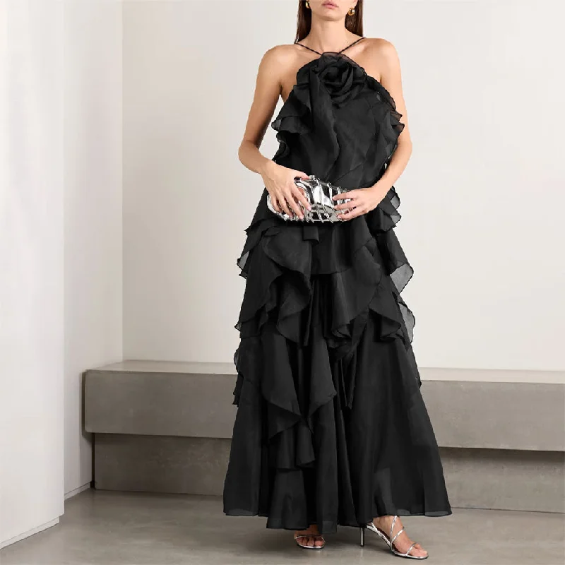 Unbeatable Deals Ethereal Chiffon Rosette Tiered Ruffle Tie Backless Vacation Maxi Dress