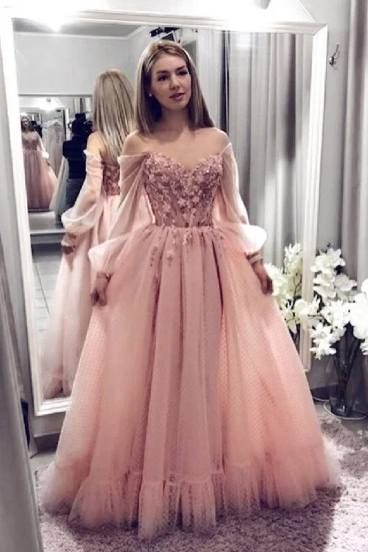 Chic Wardrobe Essentials Off the Shoulder Blush Pink Tulle Floral Appliques Prom Gown With Long Sleeves