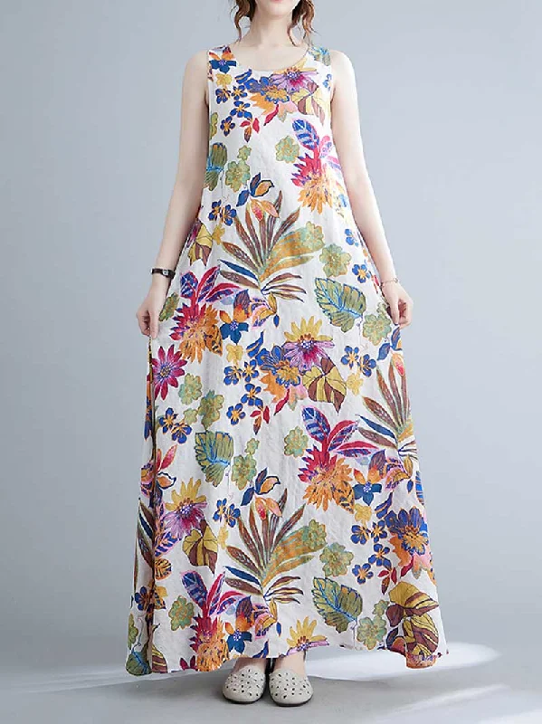 Fashionable Casual Tops Sleeveless Cotton Floral A-Line Dress