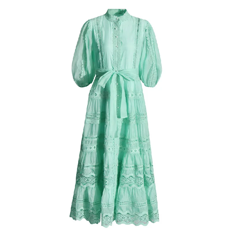 Stupidly Low Prices Victorian Mock Neck Blouson Sleeve Belted Guipure Lace Tiered Maxi Dress