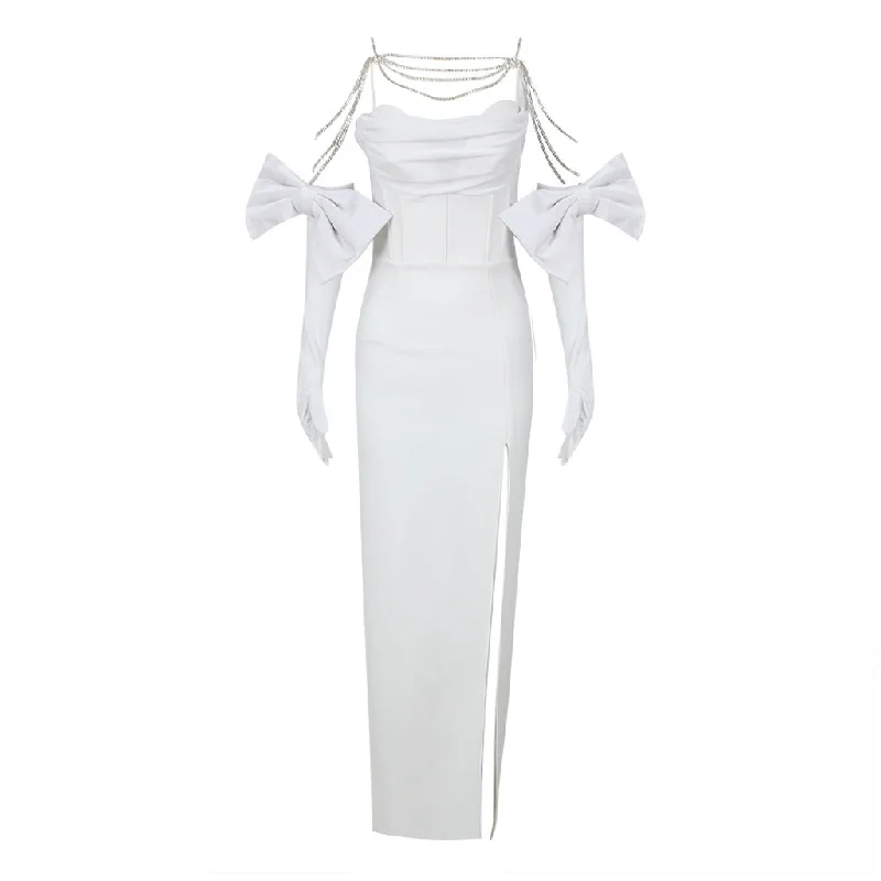 Casual Dresses for Women Luminous Crystal Chain Gloved Cami Bandage Cutout Bow Trim Maxi Dress