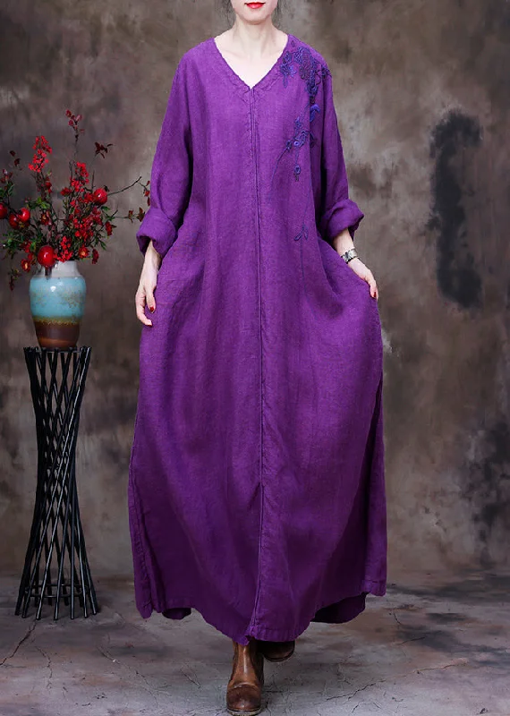 Gorgeous Glamour Collection Dark Purple V Neck printing Floral Linen Dress Long Sleeve