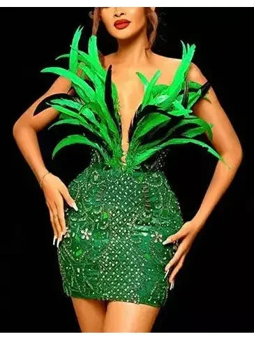 Unleash Your Trendy Side Green Mesh Sequined Feather Mini Dress