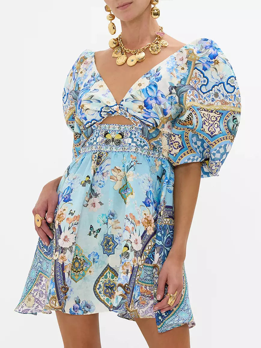 Dive Into Trendy Styles Puff-Sleeve Printed Mini Dress with Crystals