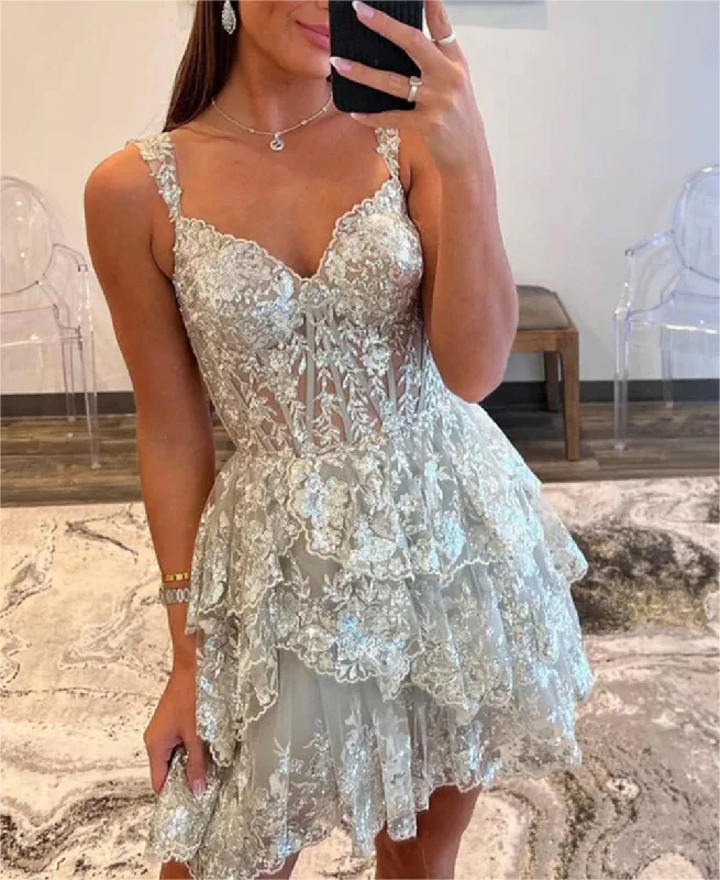 Casual Style for Busy Women Women Princess Lace Prom Dresses Short Off the Shoulder Appliques Cocktail Gowns Girls Sleeveless Homecoming Dresses Short Graduation Dress YHD307