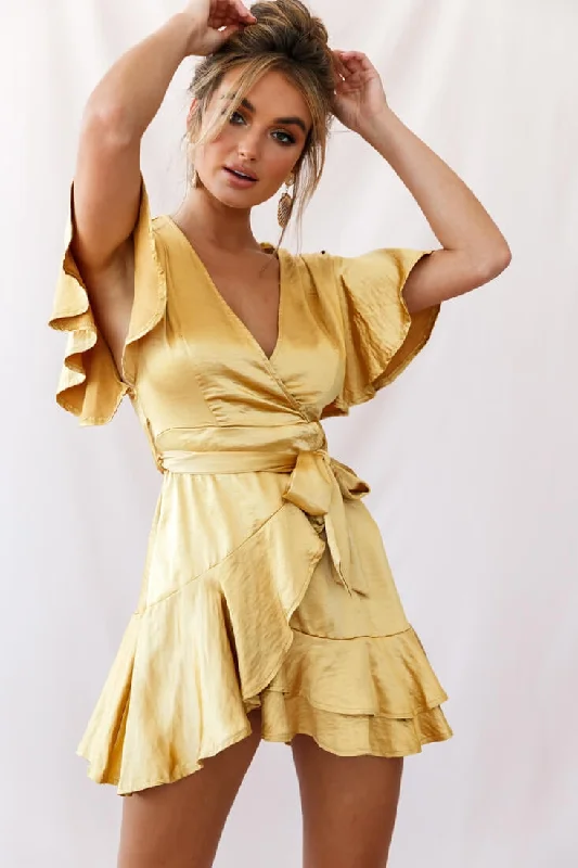 Special Occasion Wear Cami Angel Sleeve Faux Wrap Dress Mustard