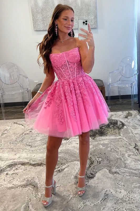 Flash Sales Today Hot Pink Tulle Strapless A-Line Short Gown with Appliques