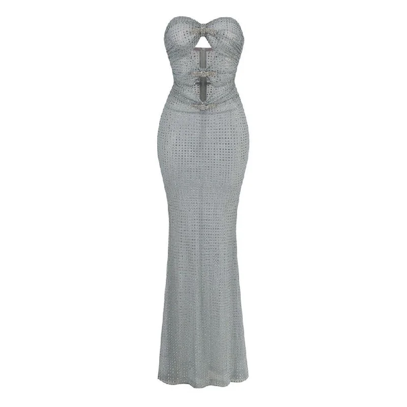 Comfortable Casual Wear Sparkly Crystal Bow Cutout Ruched Strapless Sheer Mesh Fishtail Maxi Dress