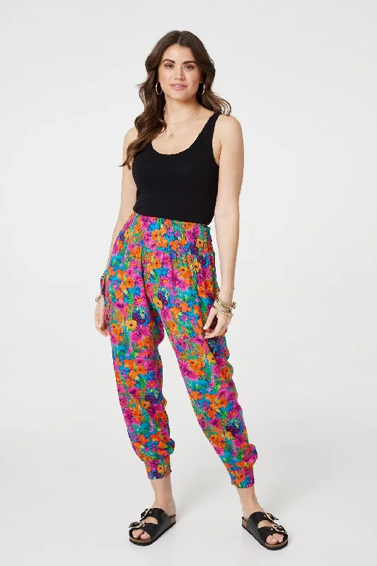 Trendy Threads Floral Shirred High Waist Harem Pants