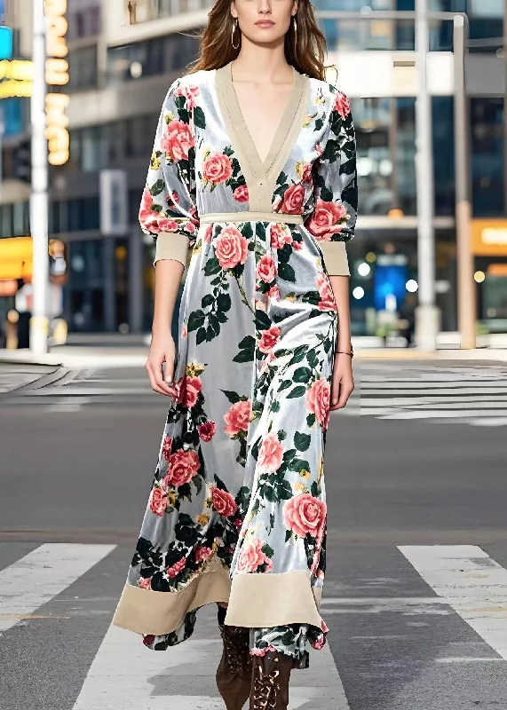 Mega Sales Women Light Grey Cinched Floral Silk Velvet Maxi Dress Spring