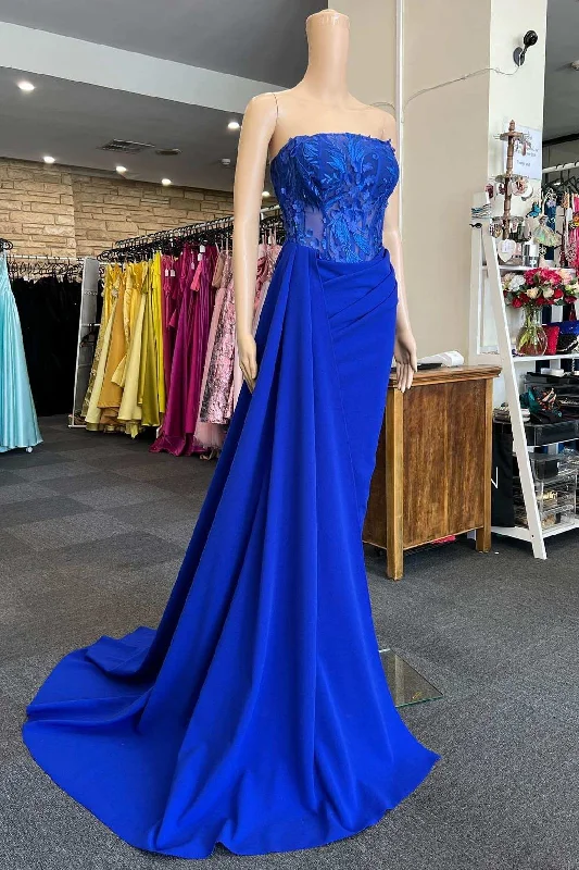 Flash Sale Clothing Blue Appliques Strapless Long Formal Gown with Attached Train