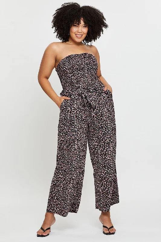 Earthy Tones Animal Print Jumpsuit Strapless Waist Tie