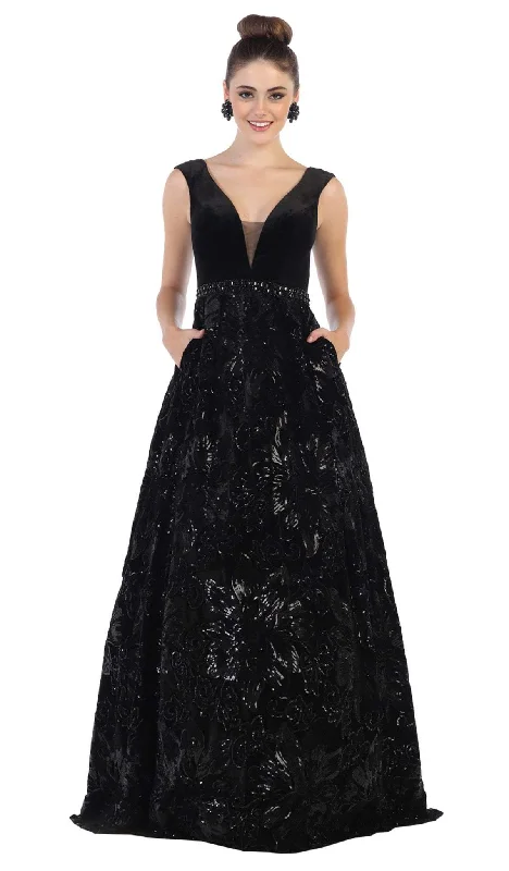 Comfort Centric Apparel May Queen - RQ7674 Embellished Plunging V-neck Ballgown