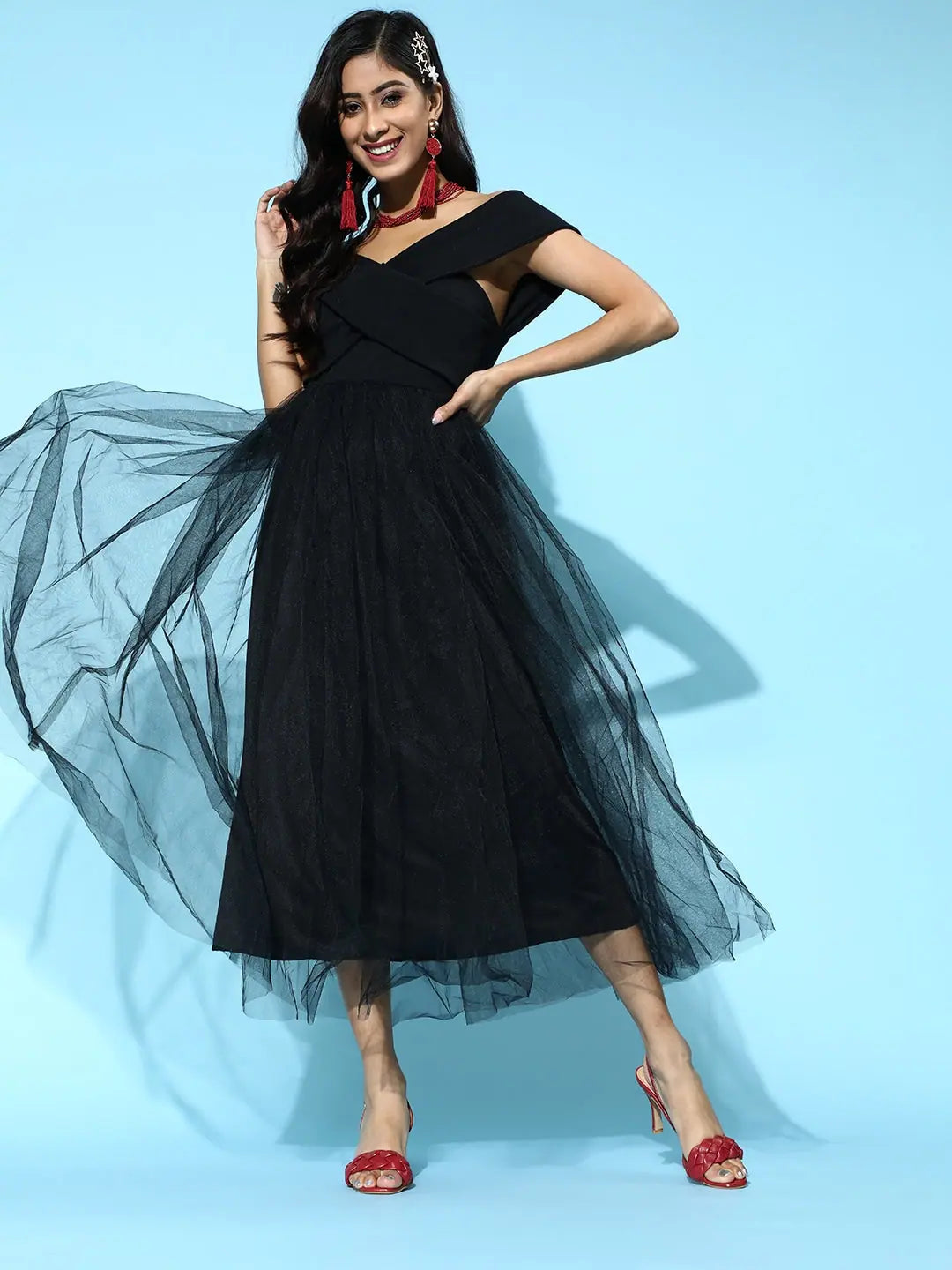 Chic And Trendy Black Tulle Bardot Midi Dress