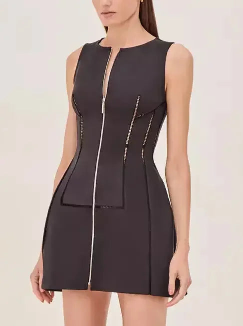 Trend Setting Threads Cut-Out Structured Zip-Front Mini Dress in Black