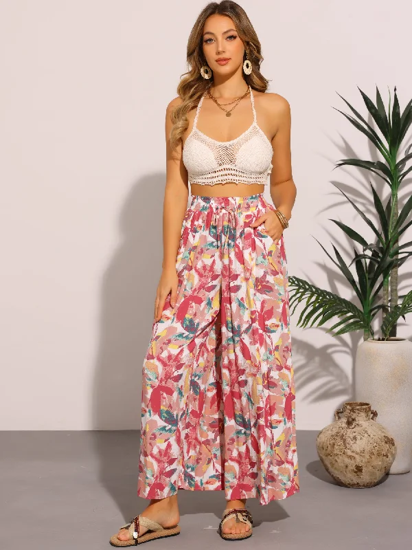 Trendsetter's Closet Tropical Floral Elastic Waisted Flare Wide Leg Pants