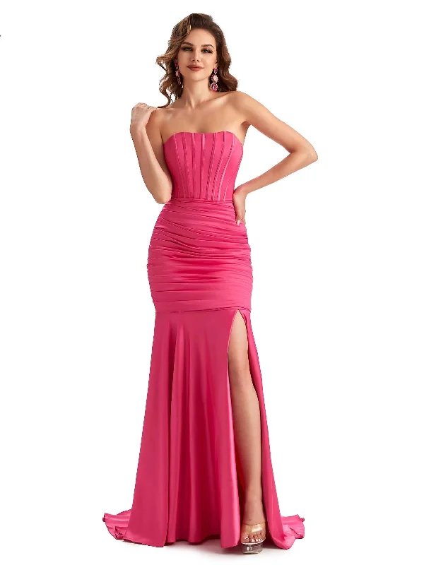 Vibrant Styles Sexy Strapless Side Slit Mermaid Silky Satin Formal Gown