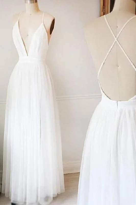 Your Timeless Wardrobe Awaits Roycebridal Simple White A-line Tulle V Neck Wedding Dresses, Long Prom Dresses, MW218