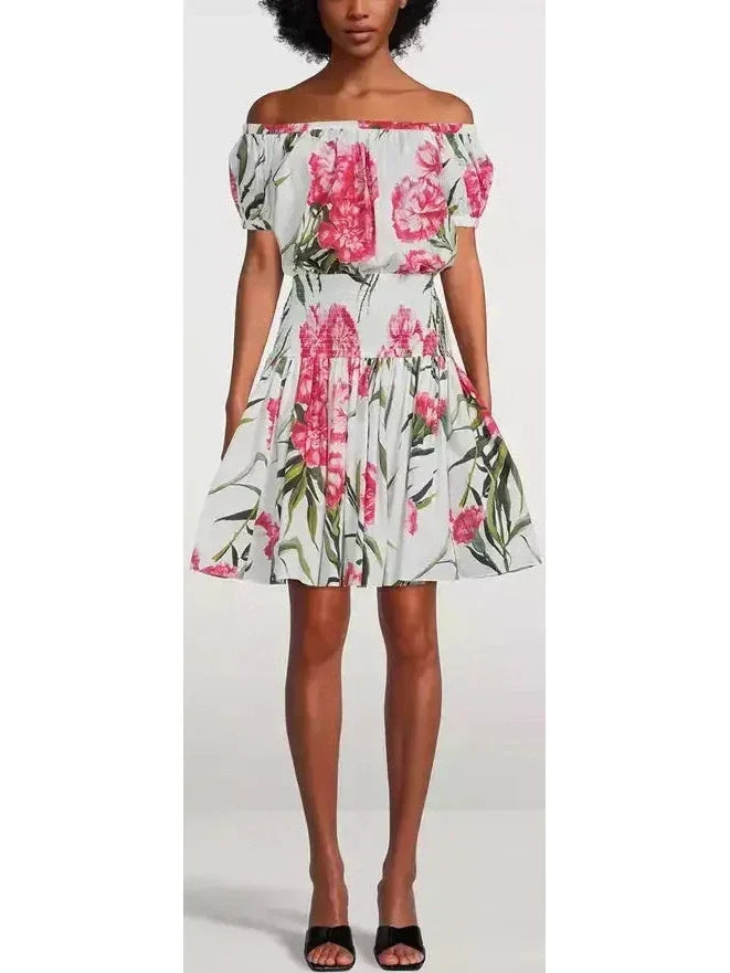 Affordable Women’s Fashion Carnation Print Off-The-Shoulder Mini Dress