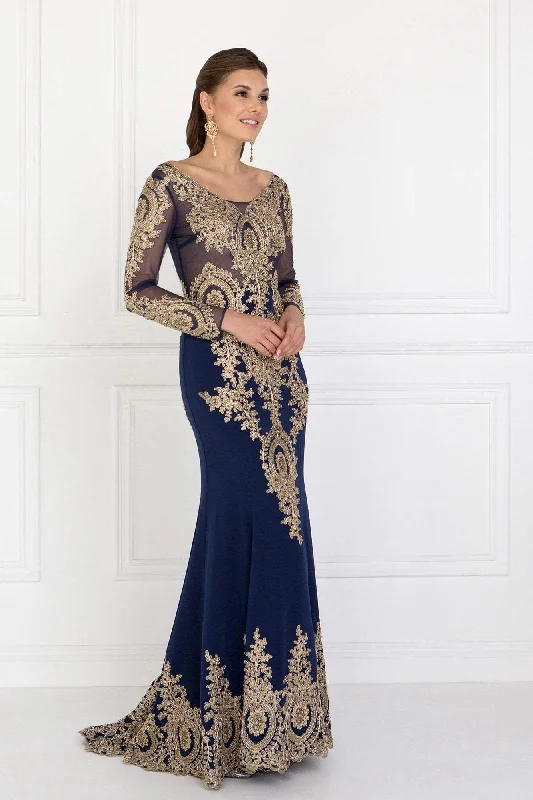 Redefining Women's Style Elizabeth K - GL1597 Illusion Long Sleeve Gilded Lace Sheath Gown