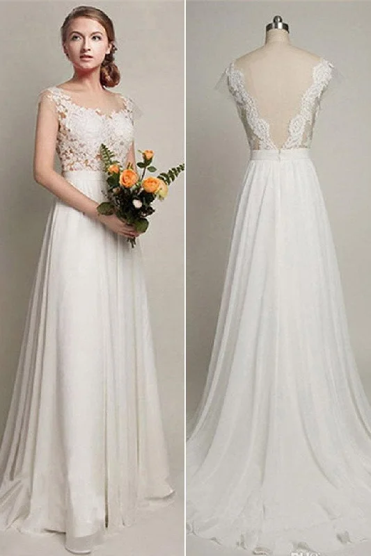 Elegant Women’s Clothing Online Roycebridal Chiffon A-Line V-back Wedding Party Dresses, Simple Lace Long Wedding Dress, MW131