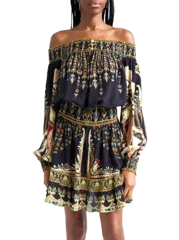 Seasonal Clearance Ancient Egyptian Print Off-Shoulder Silk Mini Dress