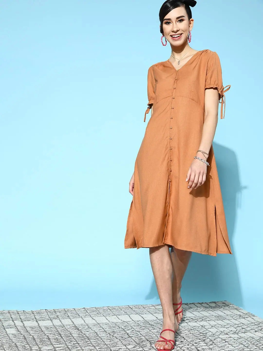 Stay Ahead In Style Women Brown Front Open Midi Dress