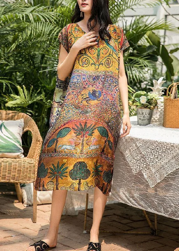 Fashionable Tops for Women Style floral silk Robes o neck side open Midi summer Dress