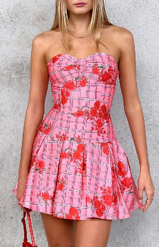 Weekend Exclusive Blu Pink Floral Strapless Mini Dress