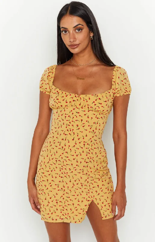 All Season Fashion Collection Love & Lust Yellow Floral Cap Sleeve Mini Dress