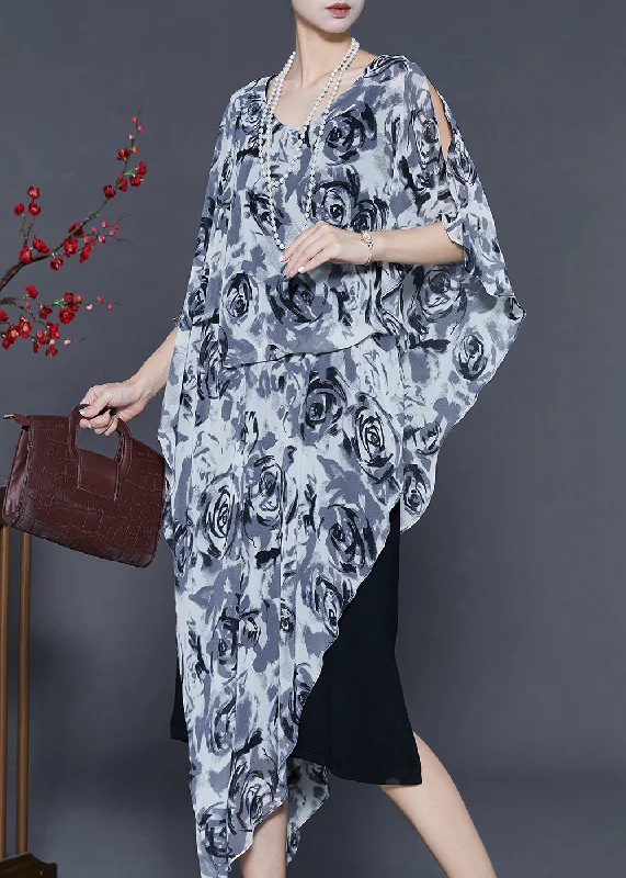 Limited Time Offers Stylish Grey Asymmetrical Floral Chiffon Tea Dress Summer