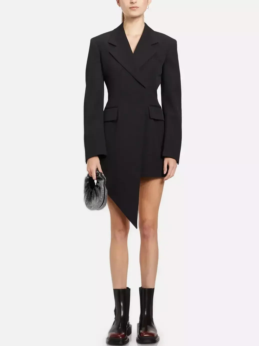 Trendy Street Style Attire Asymmetrical Black Wool-Blend Blazer Mini Dress