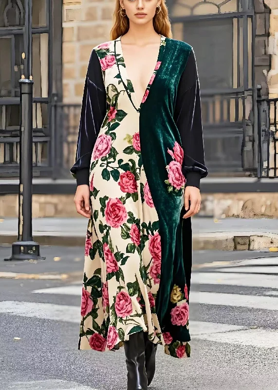 Big Discounts Beautiful Asymmetrical Patchwork Floral Silk Velvet Maxi Dresses Spring