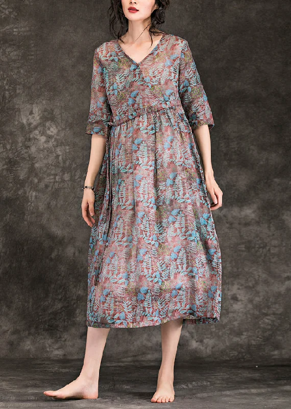 Feminine Dresses for Women in Bold Prints Women floral linen dresses Plus Size Shirts v neck Three Quarter sleeve Maxi Summer Dress