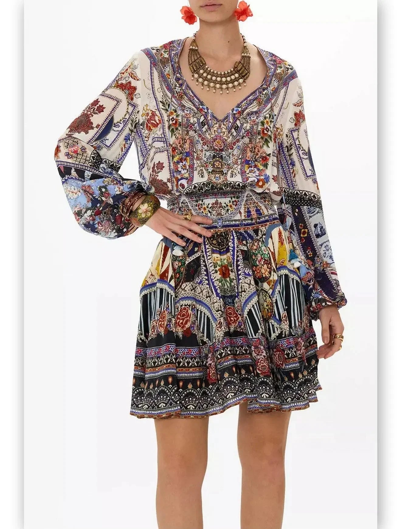 Huge Discounts This Week Crystal Embellished Shirred Relaxed Mini Dress with Multicolored Print