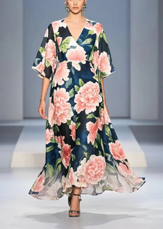 Bid Farewell To The Old Season Fashion Navy V Neck Floral Chiffon Long Dress Summer