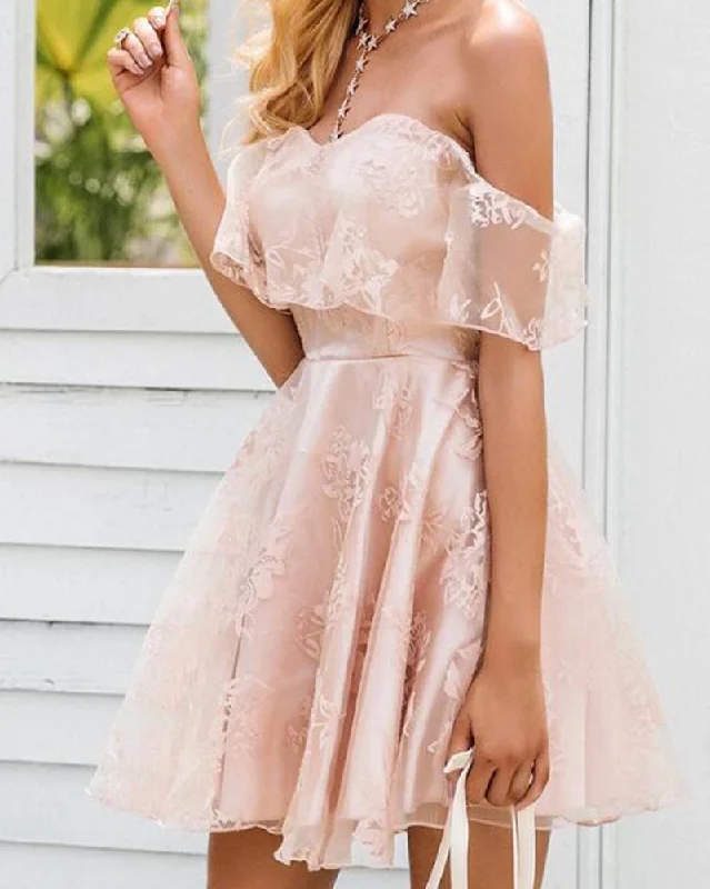 Minimalist Women’s Fashion Clothing Fancy Pale Pink Off the Shoulder Short Prom Dress,Girls Short Junior Gradaution Homecoming Dresses SP10185