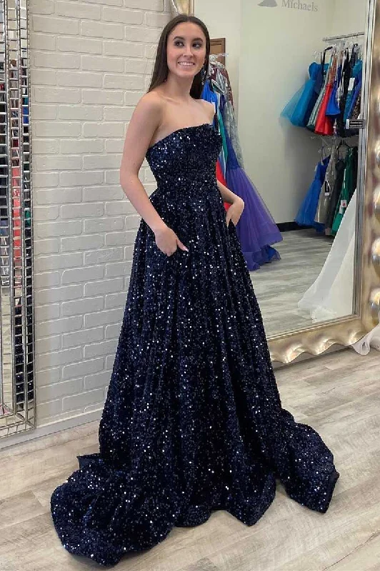 High Street Women’s Fashion for Trendy Shoppers Navy Blue Sequin Strapless A-Line Long Prom Gown