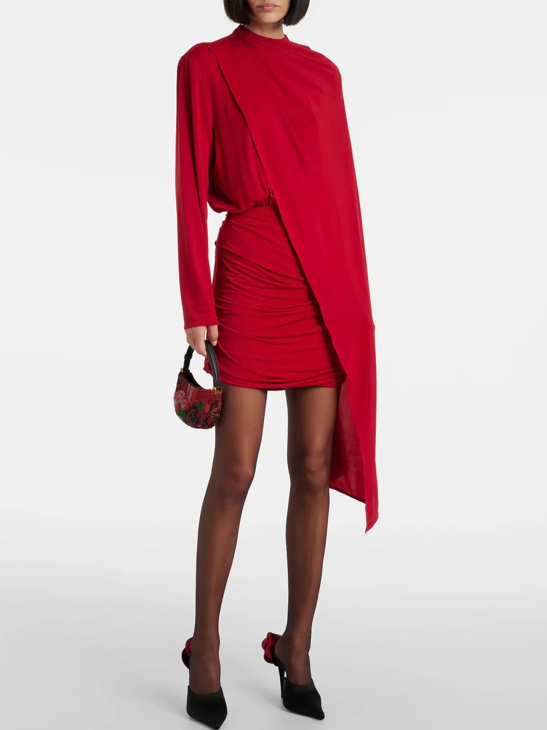 Flash Sale Clothing Asymmetric Cape Stretch Ruched Red Mini Dress